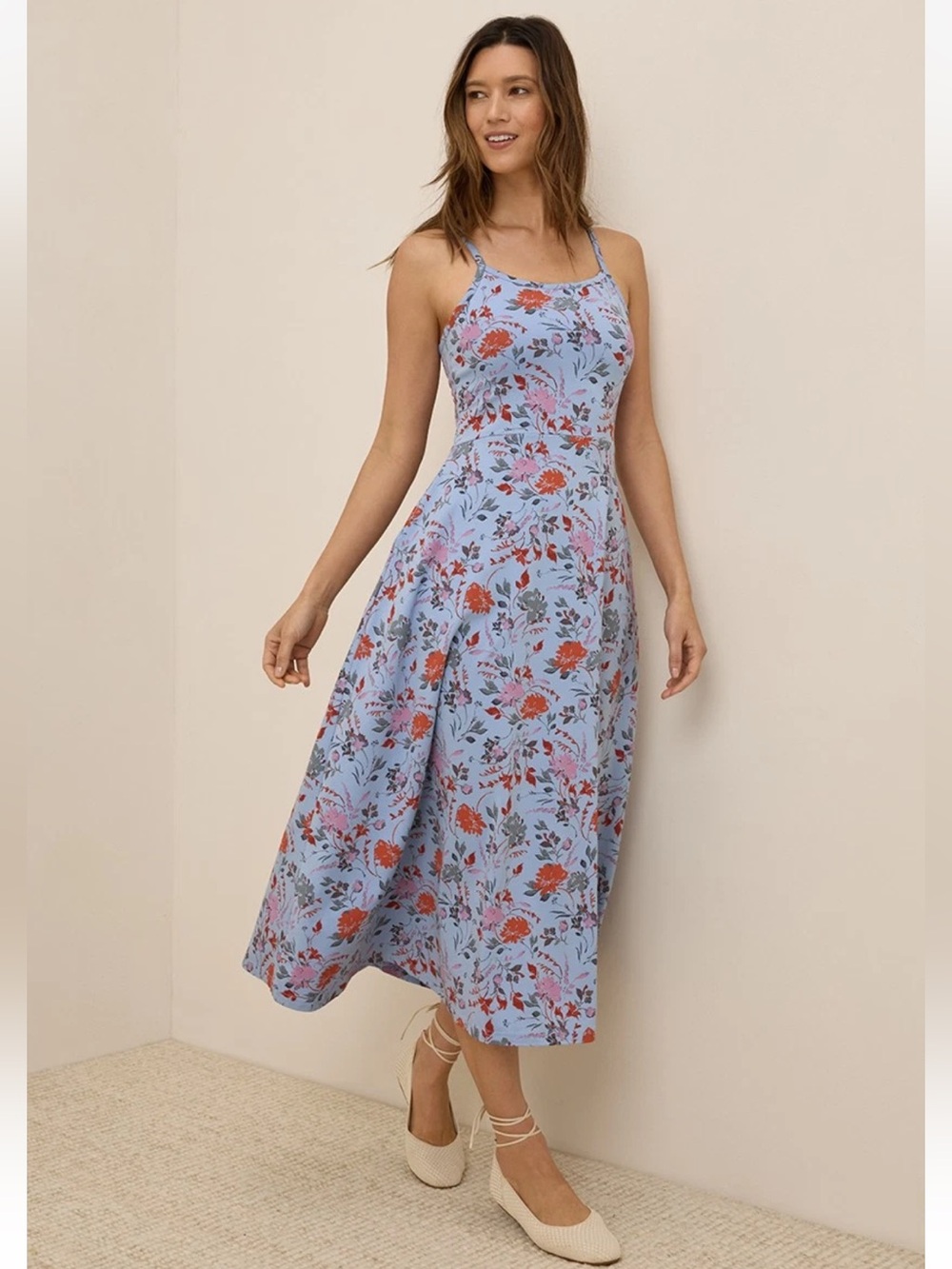 Pastel Blue Floral Midi Dress with Spaghetti Straps